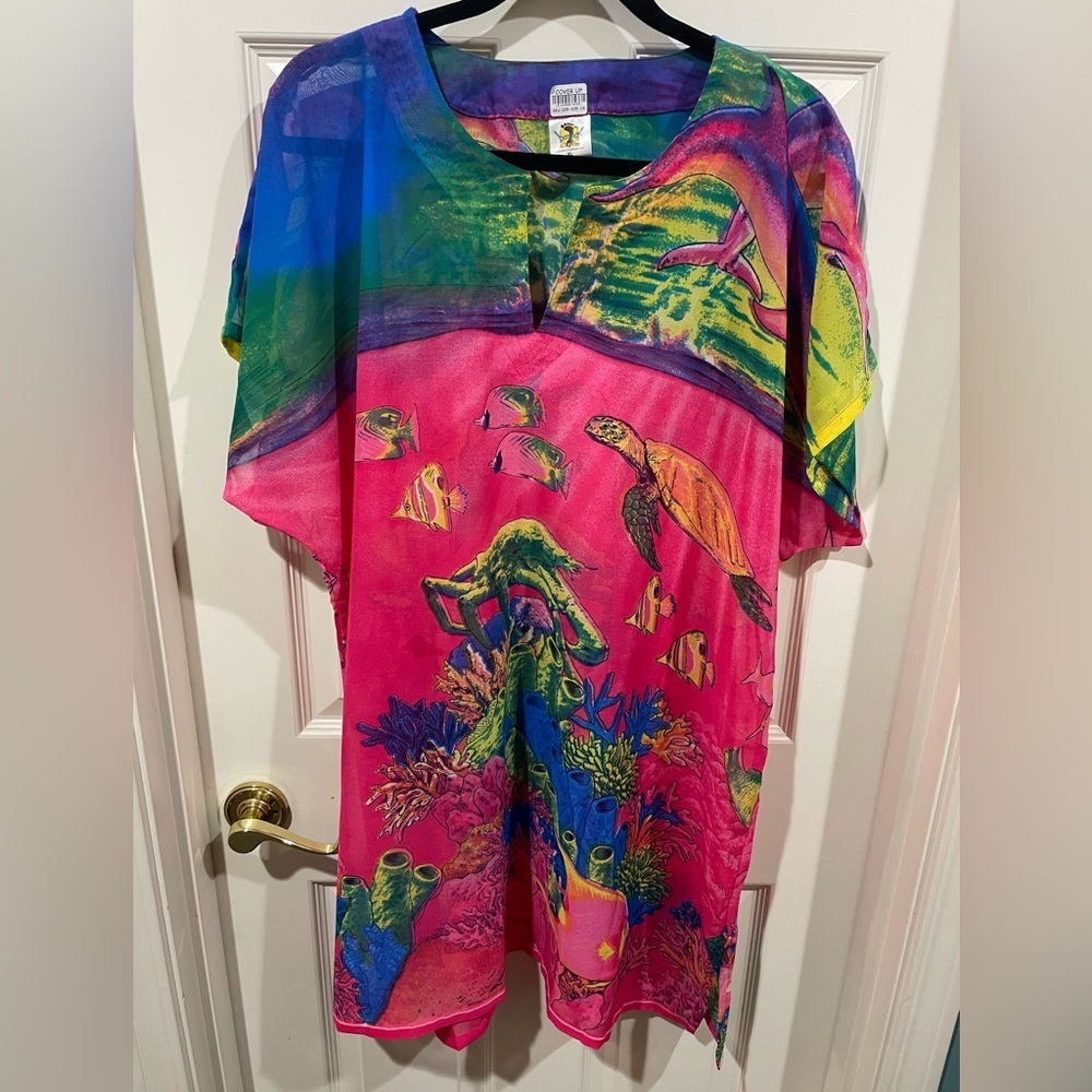 Colorful Ocean-Themed Sheer Swim Suit Cover